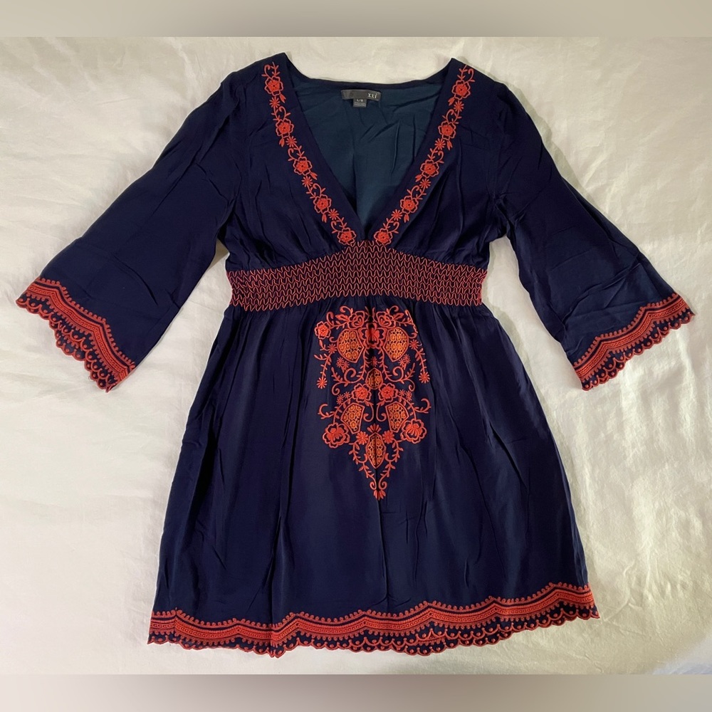 Forever 21 Blue Orange V Neck 3/4 Sleeve Mini Dress